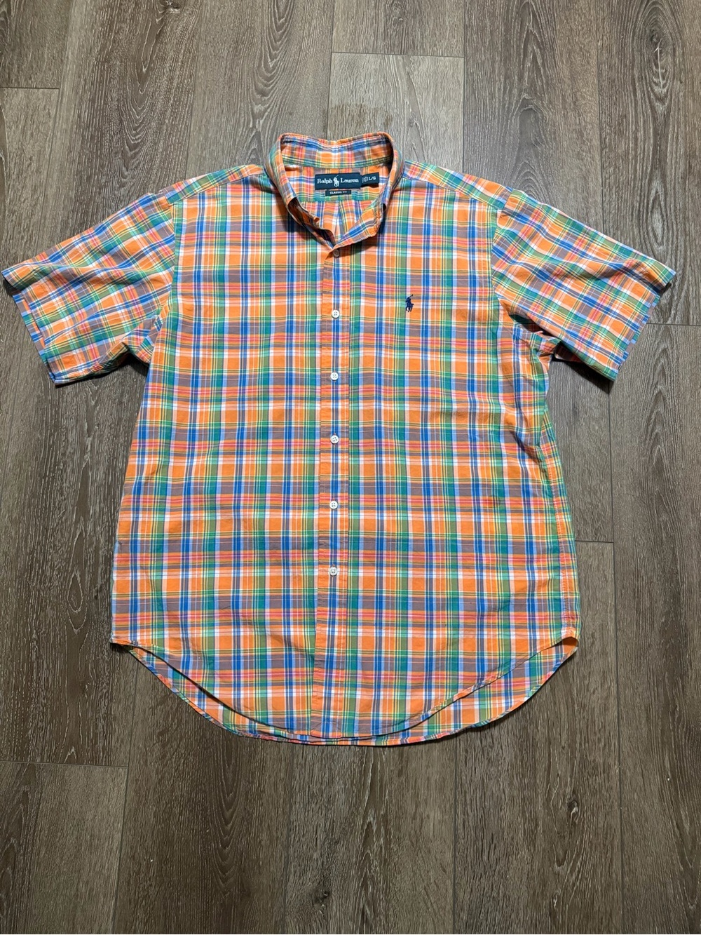 Ralph Lauren Orange and Blue Plaid Short-Sleeve Button-Down Shirt